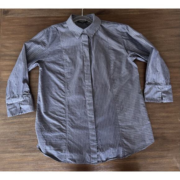 Lafayette 148 Poplin Blouse Shirt Blue Pinstripe Button Up L - Picture 2 of 7